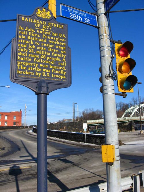 State-sanctioned historical marker, Pennsylvania Historical and Museum Commission.  Dedicated September 23, 1997. Liberty Ave. at 28th St. in Pittsburgh. -79.97491, 40.45618